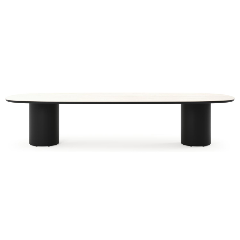 Amico low dining tuintafel bombo in zwart aluminium en volkeramiek Travertino Bianco - L 320 x B 130 x H 61 cm