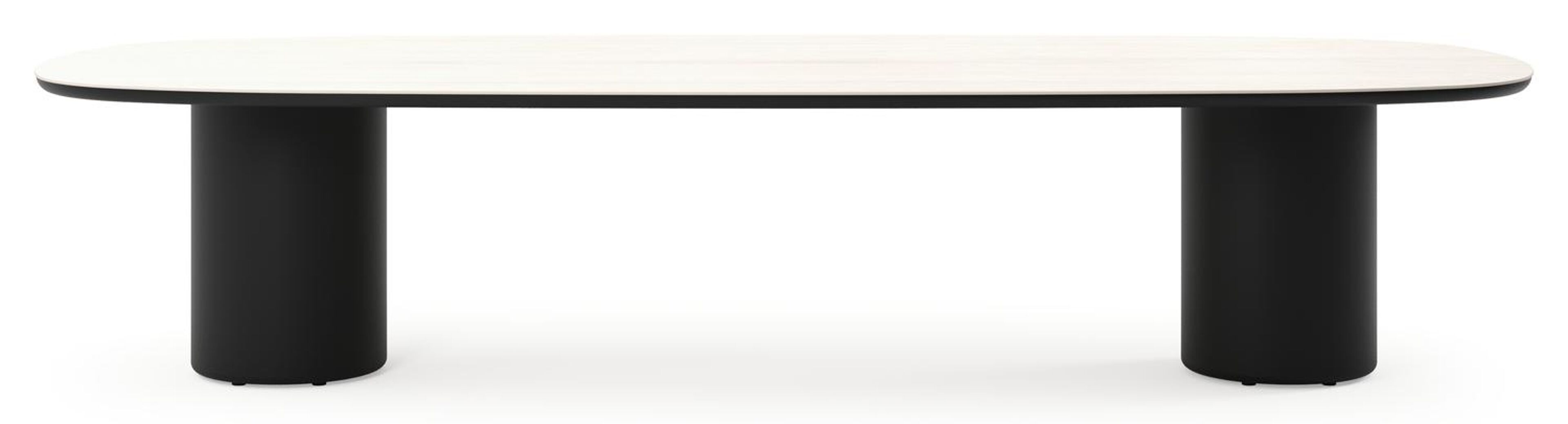Table de jardin low dining Amico bombo en aluminium noir et céramique pleine Travertino Bianco - Lg. 320 x Lrg. 130 x Haut. 61 cm