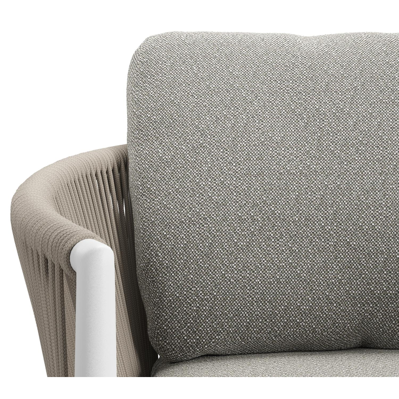 Organo tuinstoel in beige aluminium en beige verticaal geweven ronde rope met stoelkussen in All Weather Sunbrella® Luxe Savane Tunder