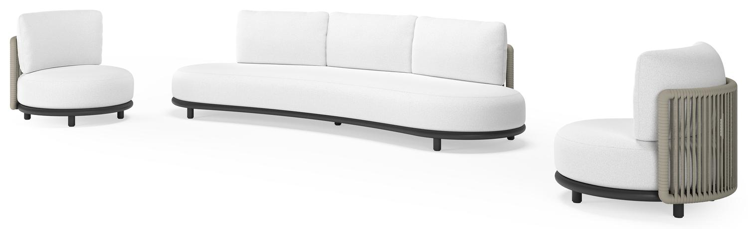 Lomano loungeset in zwart aluminium en beige verticaal geweven luxe vlakke rope met Ego Birch all weather solica