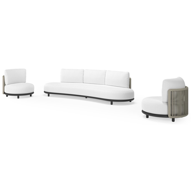 Salon de jardin Lomano en aluminium noir et corde luxe plate tissée verticalement beige et coussins en all weather solica Ego Birch