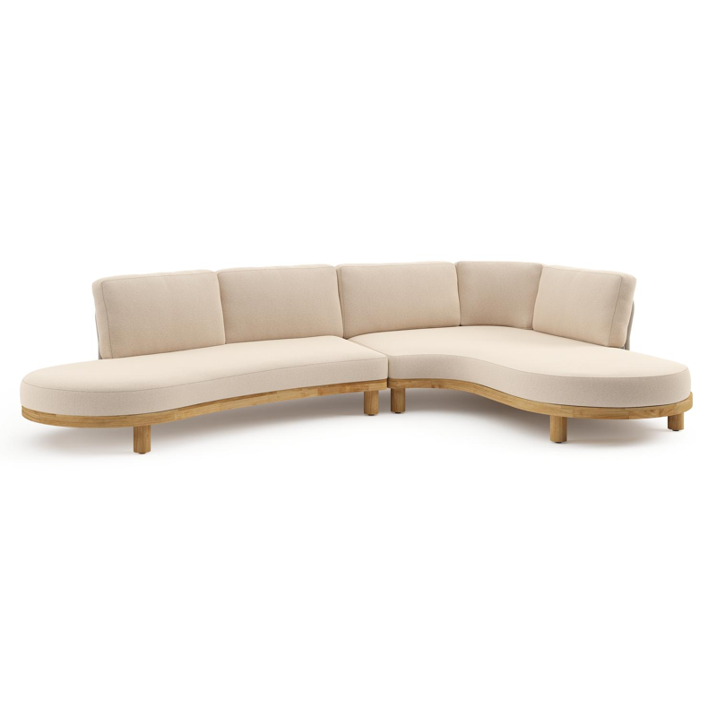 Donato loungehoek in teak en beige verticaal geweven ronde rope met all weather sunbrella® luxe Heritage Papyrus kussen