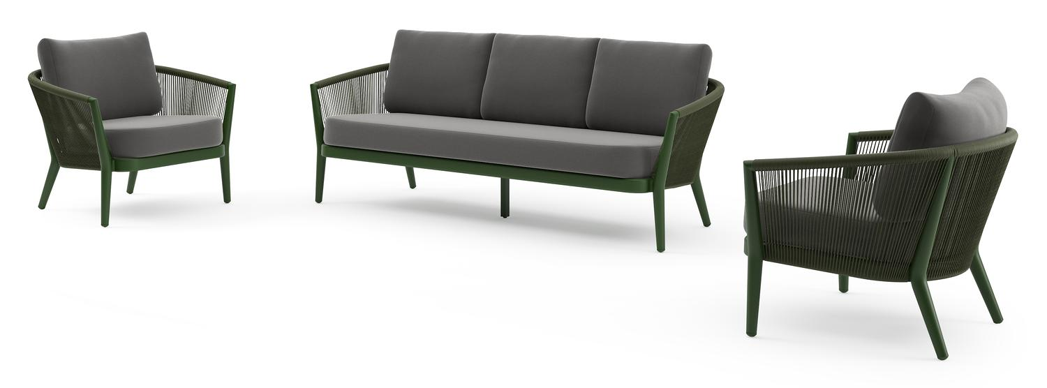 Orso loungeset in groen aluminium en aluminium met natte charcoal chine All Weather Sunbrella® Luxe kussens en loungetafel