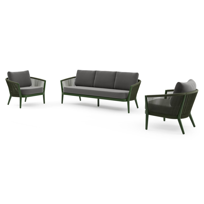 Orso loungeset in groen aluminium en aluminium met natte charcoal chine All Weather Sunbrella® Luxe kussens en loungetafel