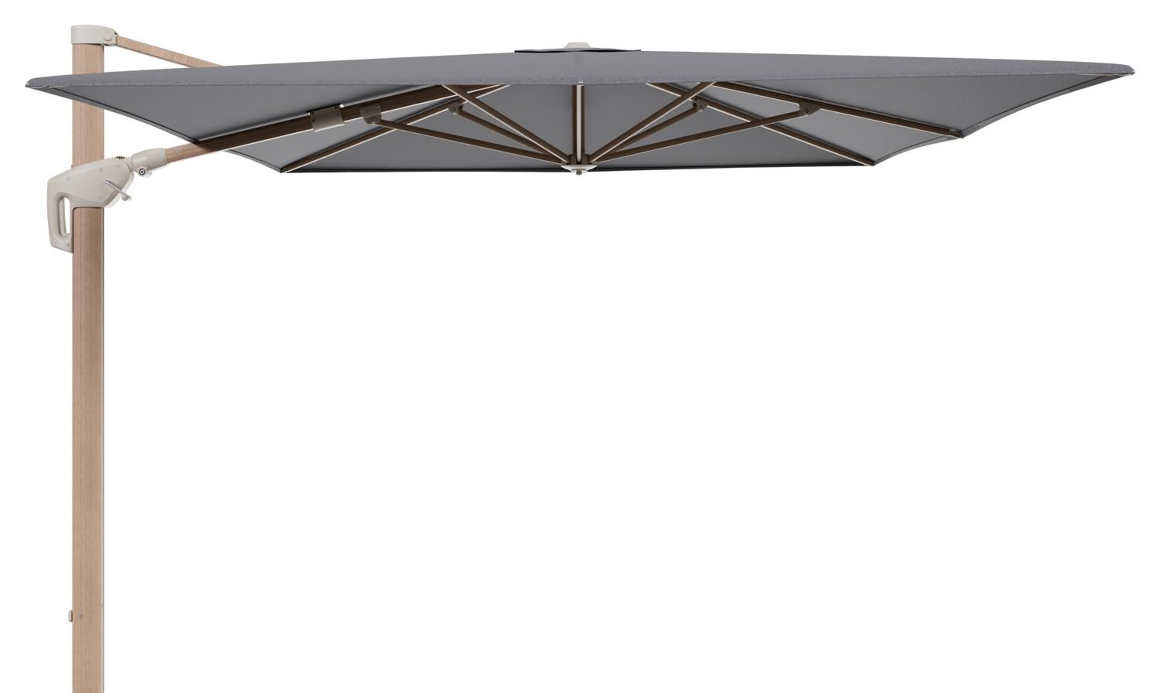 Parasol pendant Minore avec fonction tilt en aluminium aspect de bois et toile de parasol All Weather Sunbrella® Luxe Heritage Slate - Lg.1: 400 x Lg.2: 300 cm (sans pied de parasol)