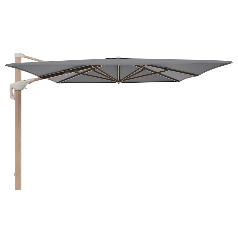 Parasol pendant Minore avec fonction tilt en aluminium aspect de bois et toile de parasol All Weather Sunbrella® Luxe Heritage Slate - Lg.1: 400 x Lg.2: 300 cm (sans pied de parasol)