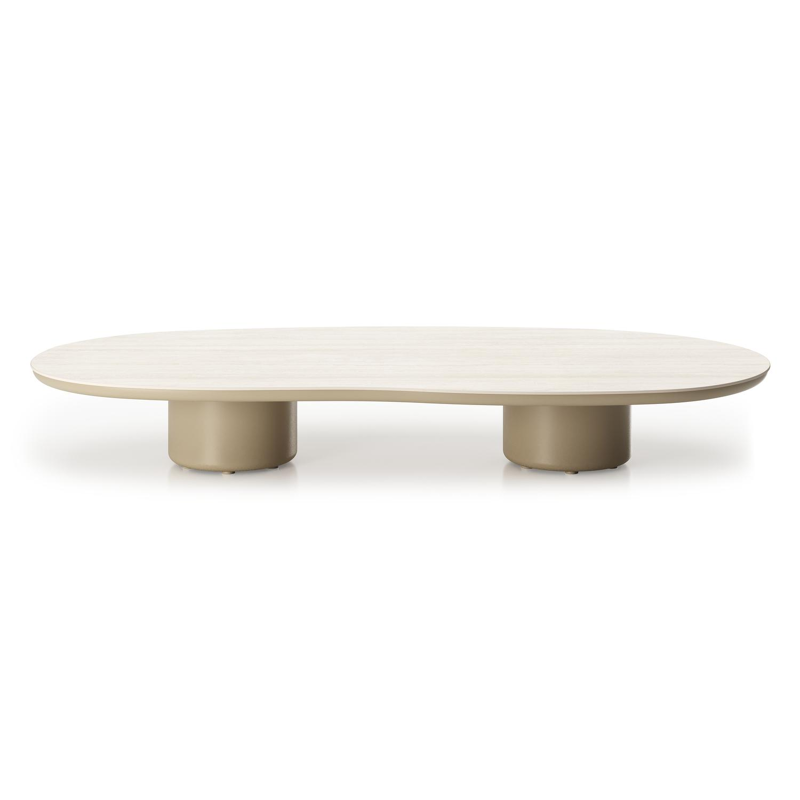 Table de basse Amico organique en aluminium beige et céramique pleine Travertino Bianco - Lg. 170 x Lrg. 91 x Haut. 25 cm