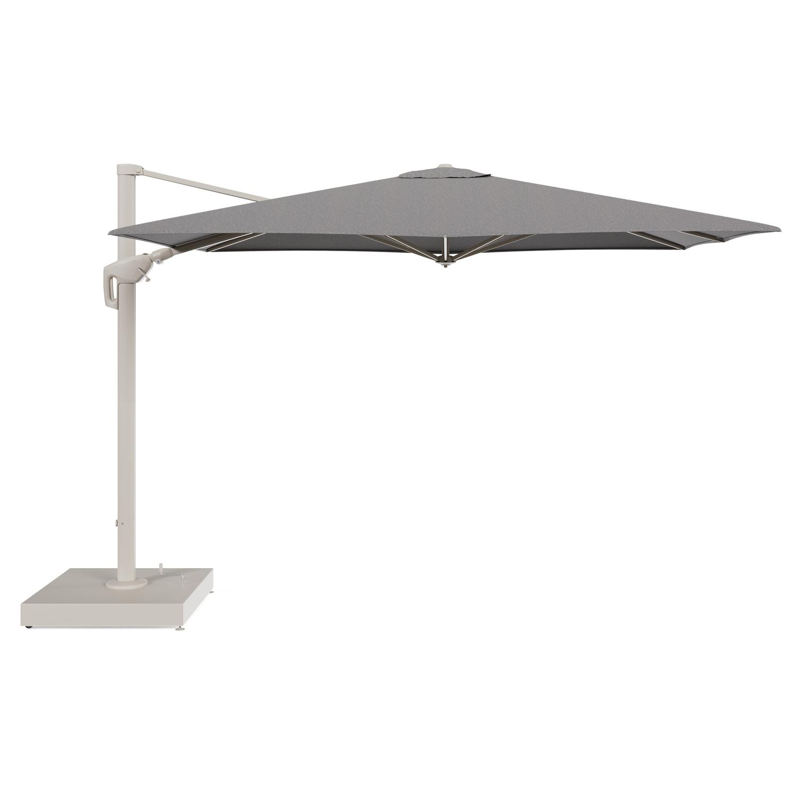 Minore zweefparasol met tiltfunctie in beige aluminium en Chartres Drizzle All Weather Sunbrella® Luxe parasoldoek - L1: 280 x L2: 370 cm met parasolvoet Minore 260 kg met wielen