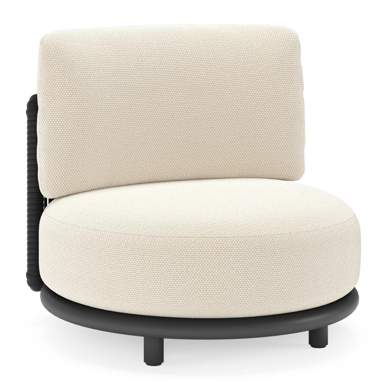 Lomano loungestoel in zwart aluminium en beige verticaal geweven luxe vlakke rope met althea off white all weather cosytica kussen