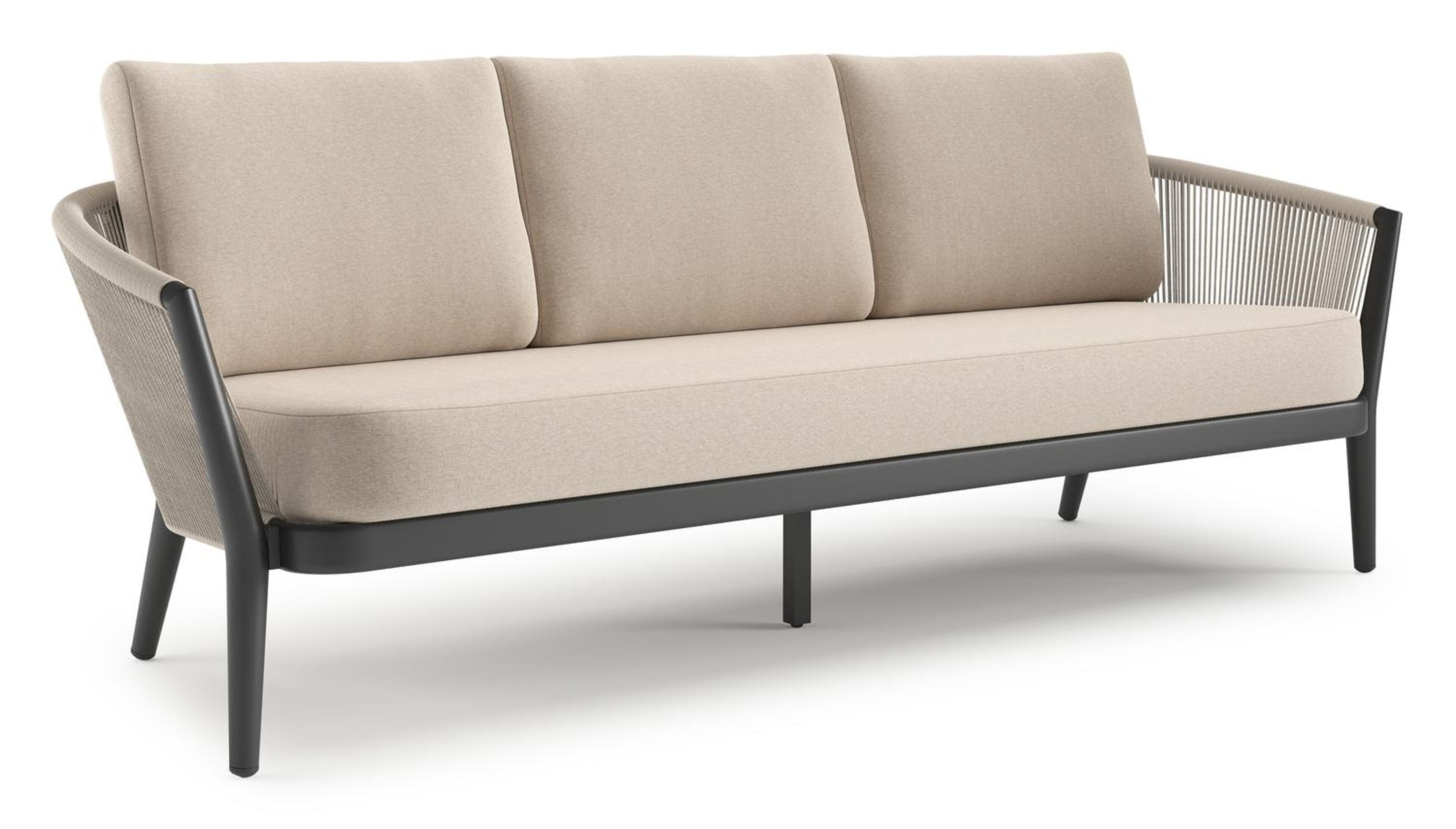 Canapé de jardin Orso en aluminium noir en corde ronde tissée verticalement beige et coussins en all weather sunbrella® luxe Heritage Ash