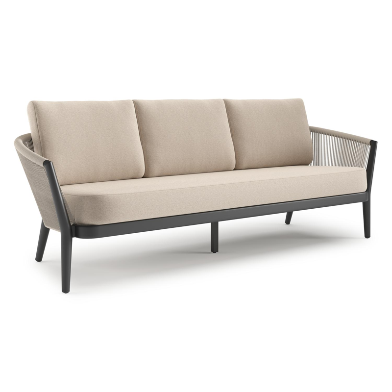 Orso loungebank in zwart aluminium en beige verticaal geweven ronde rope met Heritage Ash all weather sunbrella® luxe kussen