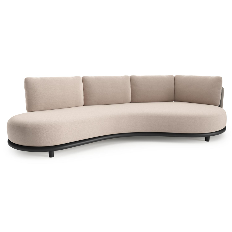 Lomano loungebank in zwart aluminium en beige verticaal geweven luxe vlakke rope met wander pilat all weather sunbrella® luxe kussen