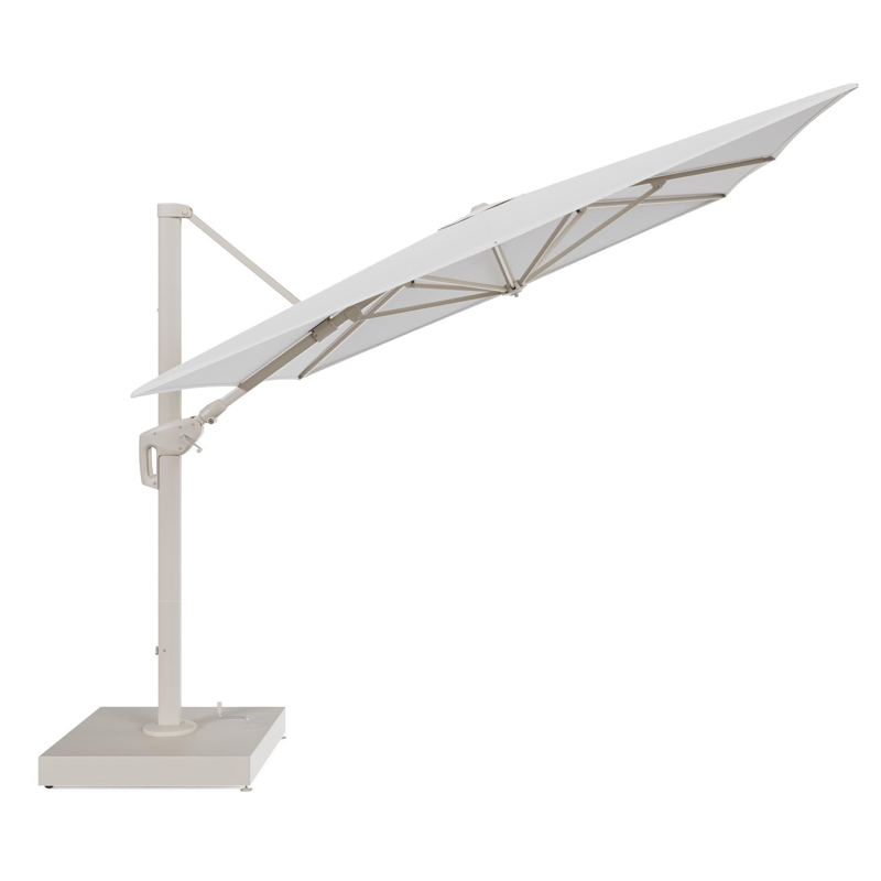 Minore zweefparasol met tiltfunctie in beige aluminium en Soul Optik All Weather Solica parasoldoek - L1 400 x L2 300 cm met parasolvoet Minore 260 kg met wielen