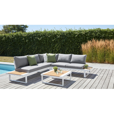 Salon de jardin d'angle Serado en aluminium blanc et polywood avec coussin en gris polyester et table basse