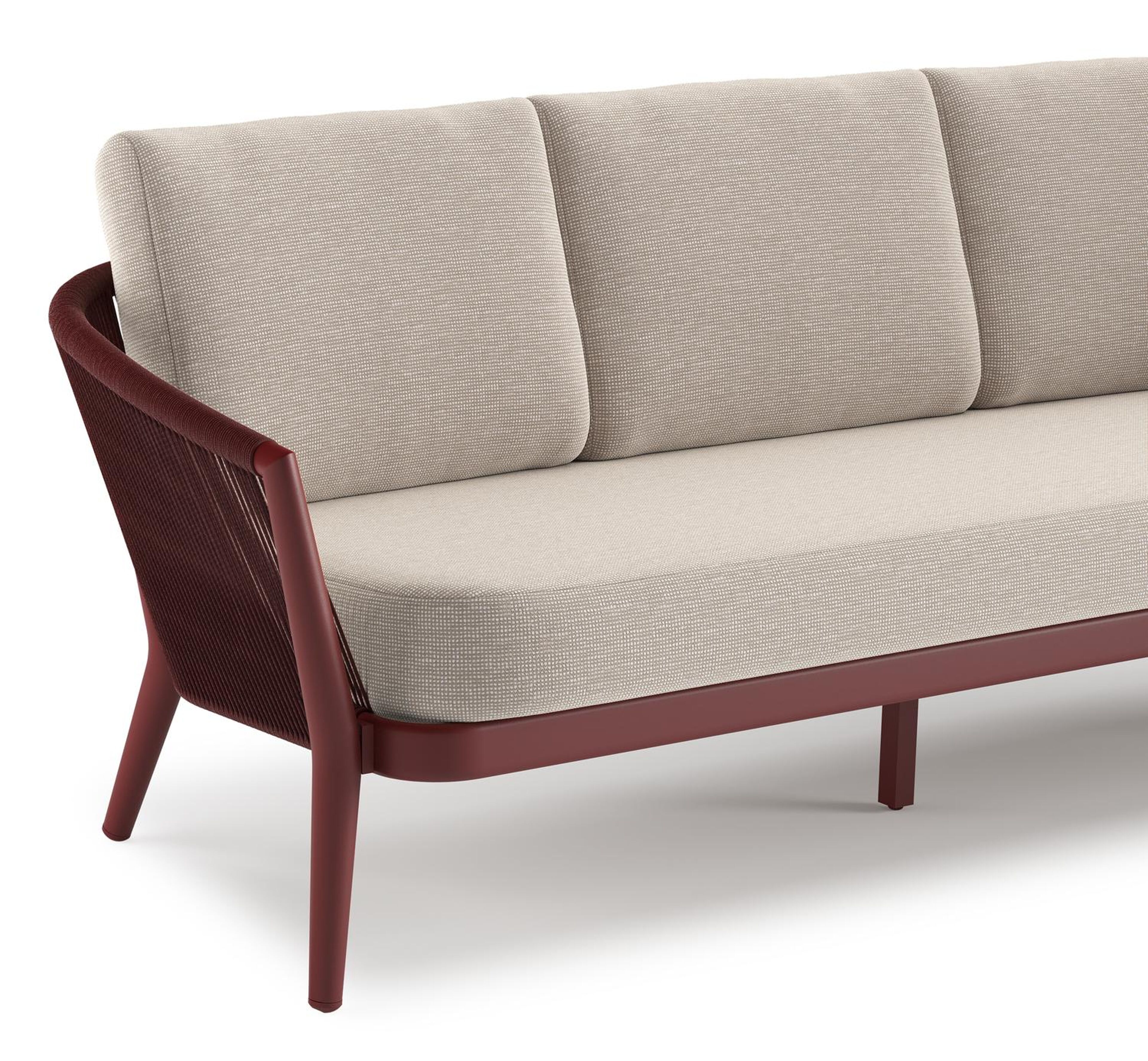 Orso loungebank in ruby aluminium en ruby verticaal geweven ronde rope met Slow Farafra all weather sunbrella® luxe kussen