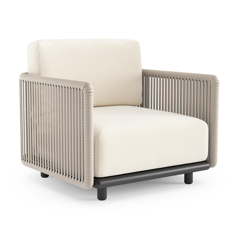 Organo loungestoel in zwart aluminium en beige verticaal geweven luxe vlakke rope met natte white all weather Sunbrella® luxe kussen