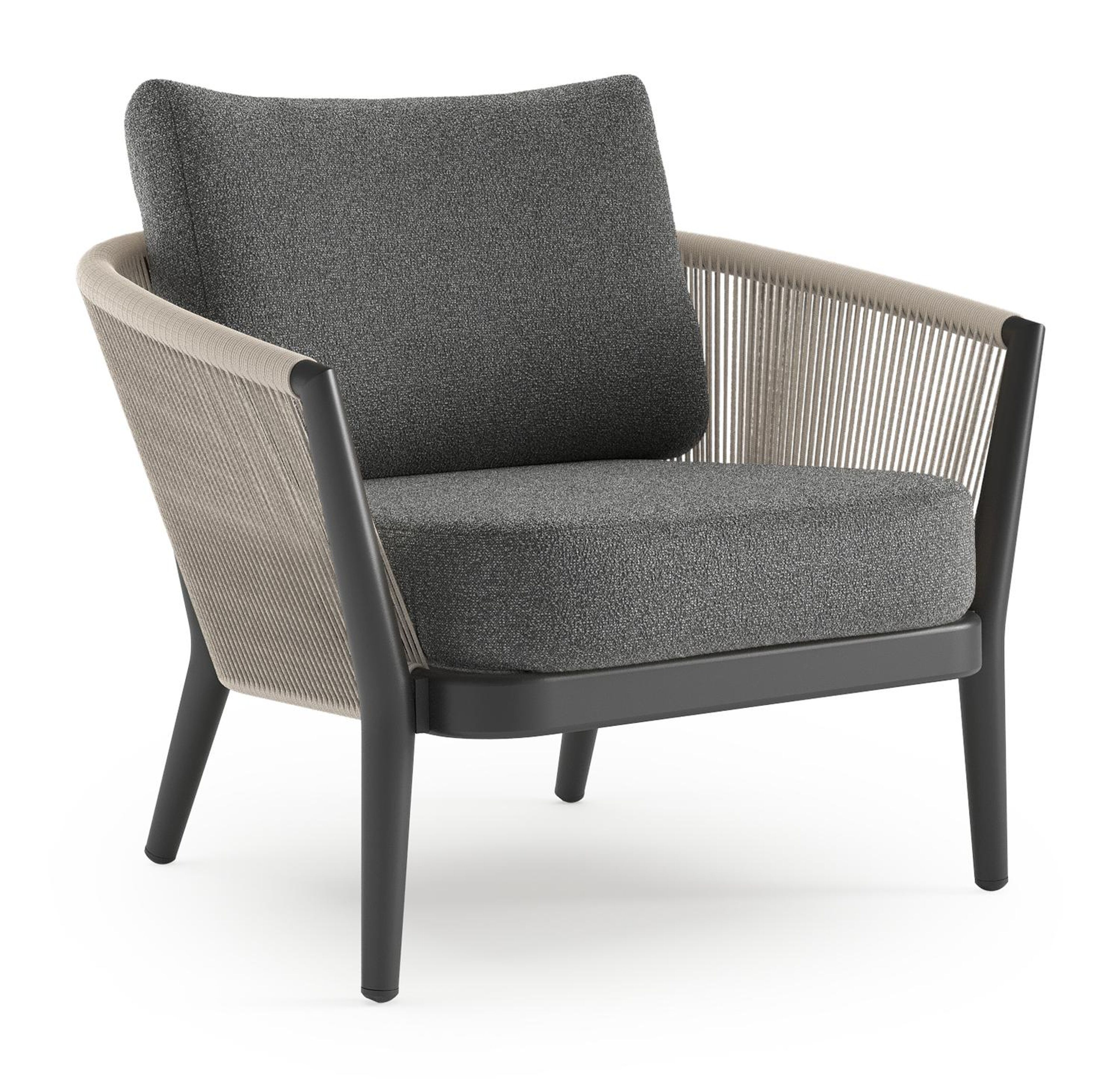 Orso loungestoel in zwart aluminium en beige verticaal geweven ronde rope met Catania Black all weather cosytica kussen