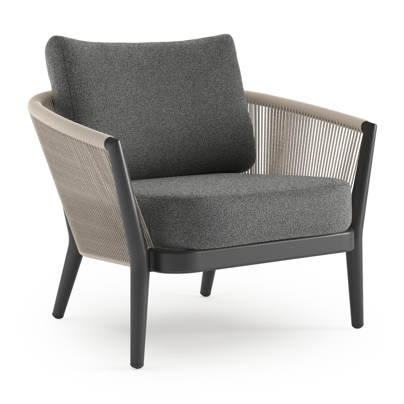 Orso loungestoel in zwart aluminium en beige verticaal geweven ronde rope met Catania Black all weather cosytica kussen
