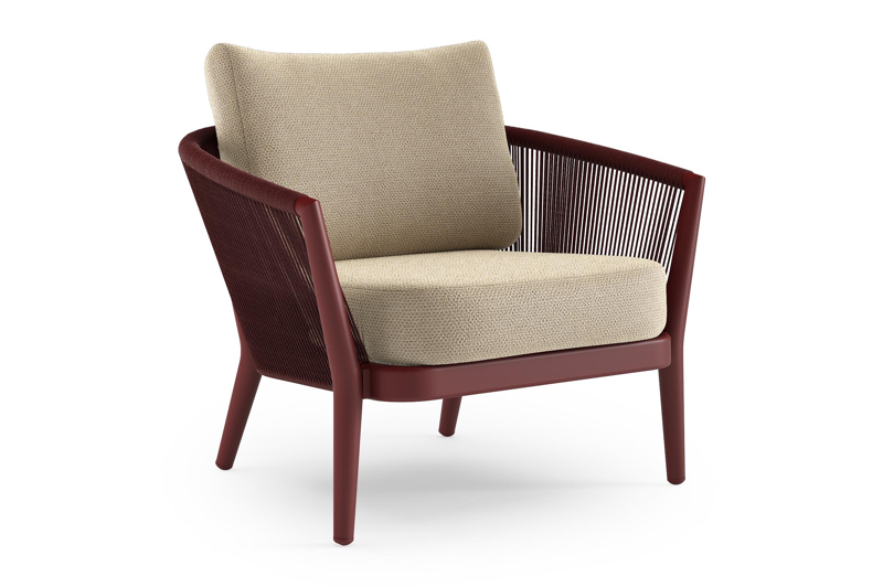 Fauteuil de jardin Orso en aluminium ruby en corde ronde tissée verticalement ruby et coussins en all weather cosytica Althea Camel