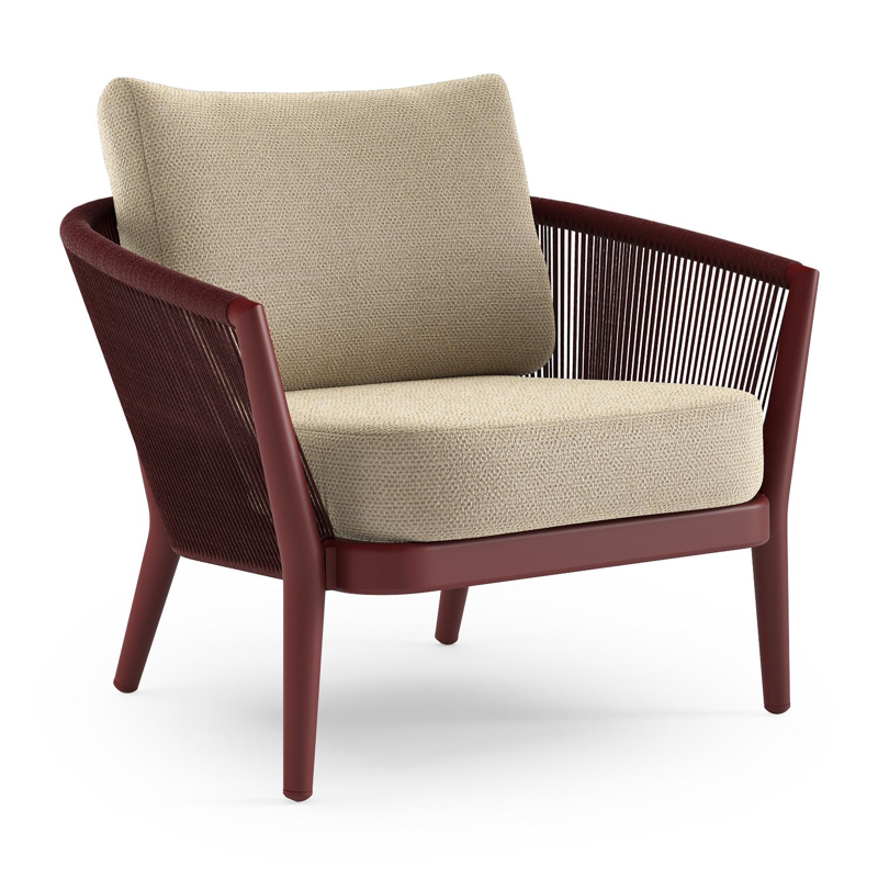 Fauteuil de jardin Orso en aluminium ruby en corde ronde tissée verticalement ruby et coussins en all weather cosytica Althea Camel