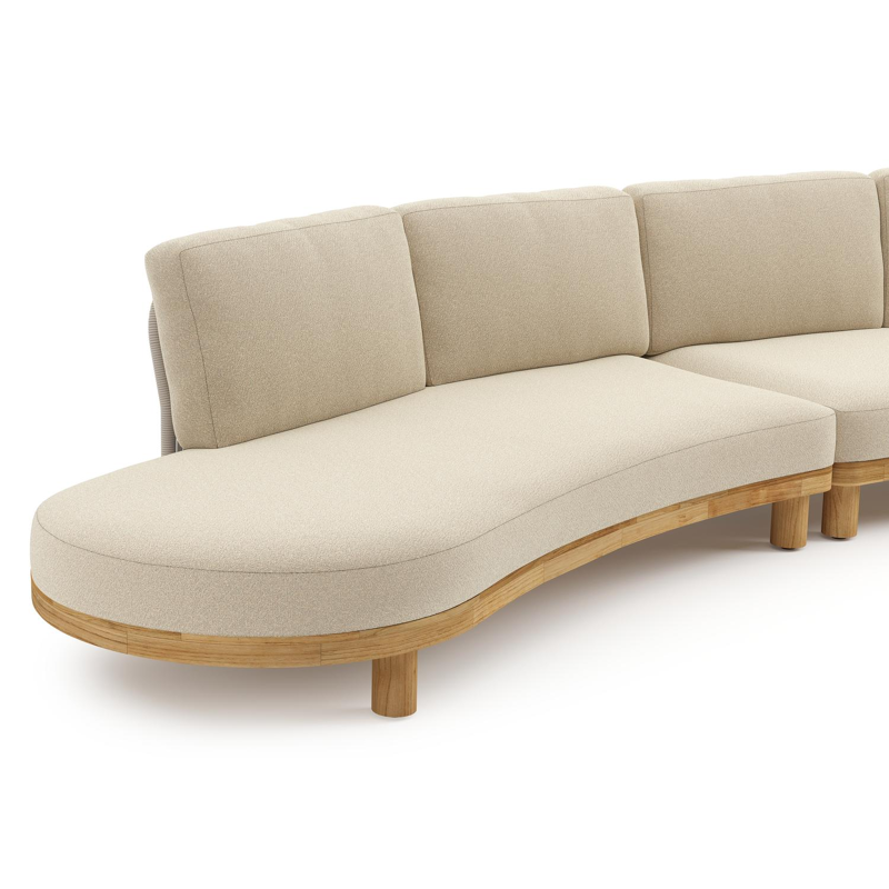 Donato loungebank in teak en beige verticaal geweven ronde rope met all weather solica Soul Papyrus kussen