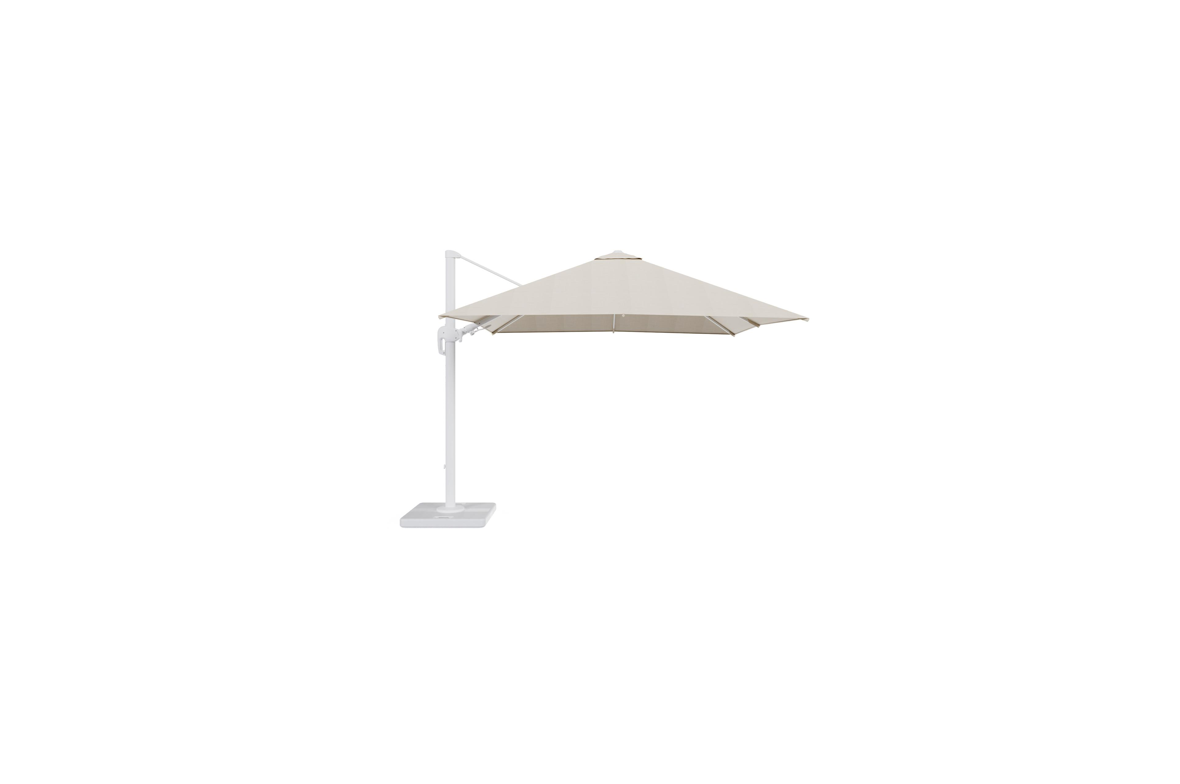 Rufina zweefparasol met tiltfunctie in wit aluminium met beige all weather sunbrella® premium parasoldoek - L1 300 x L2 300 cm met parasolvoet Lapido 120 kg