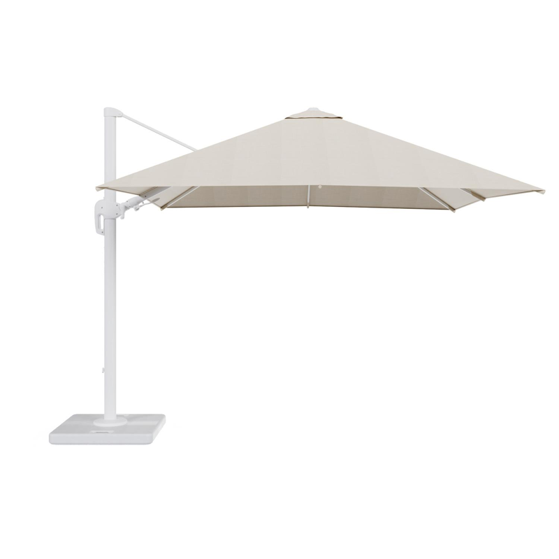 Rufina zweefparasol met tiltfunctie in wit aluminium met beige all weather sunbrella® premium parasoldoek - L1 300 x L2 300 cm met parasolvoet Lapido 120 kg