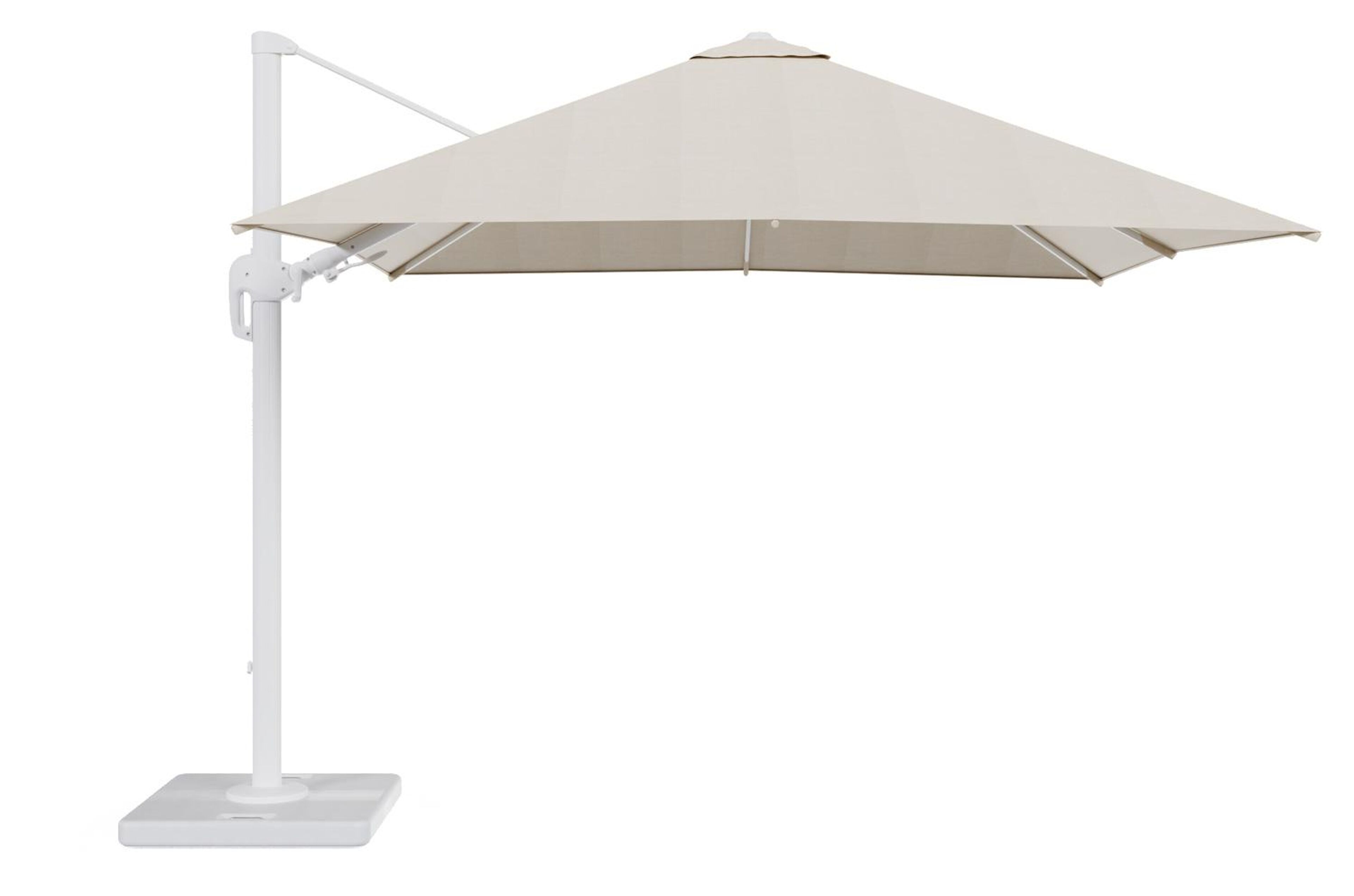 Parasol pendant Rufina avec fonction tilt en aluminium blanc avec toile de parasol en all weather sunbrella® premium beige - Lg.1 300 x Lg.2 300 cm avec pied de parasol Lapido 120 kg