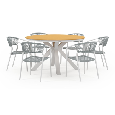 Tora tuinset in wit aluminium en naturel polywood tafelblad met 6 stapelbare Vigo tuinstoelen