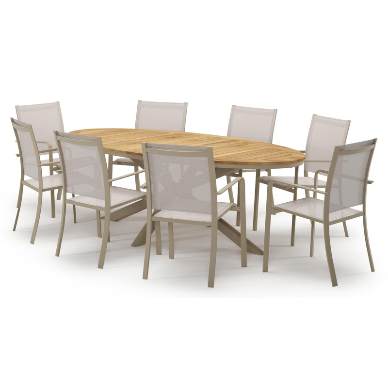 Pamplona tuinset in beige aluminium en teak met 8 stapelbare Calobra tuinstoelen