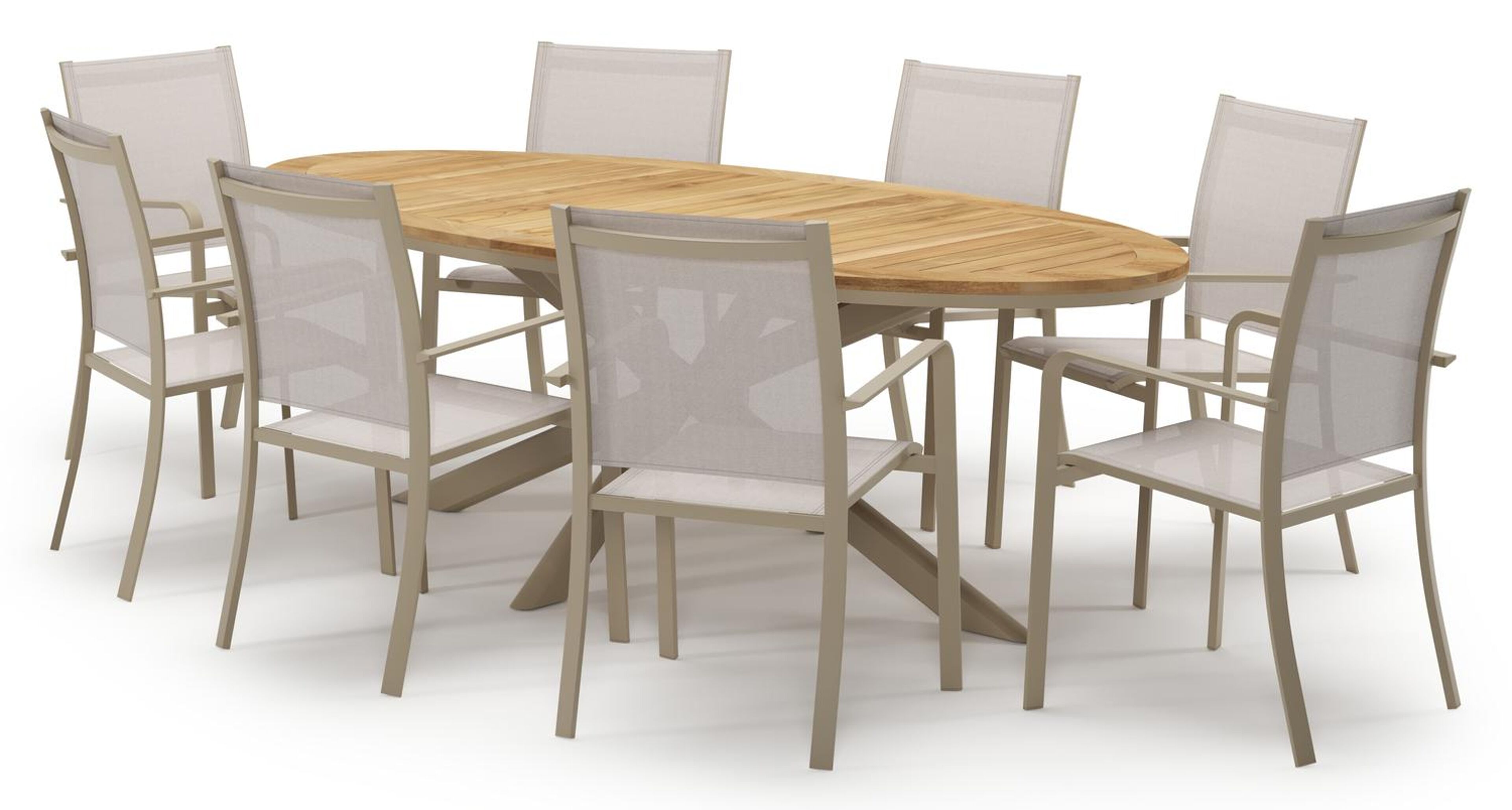 Pamplona tuinset in beige aluminium en teak met 8 stapelbare Calobra tuinstoelen