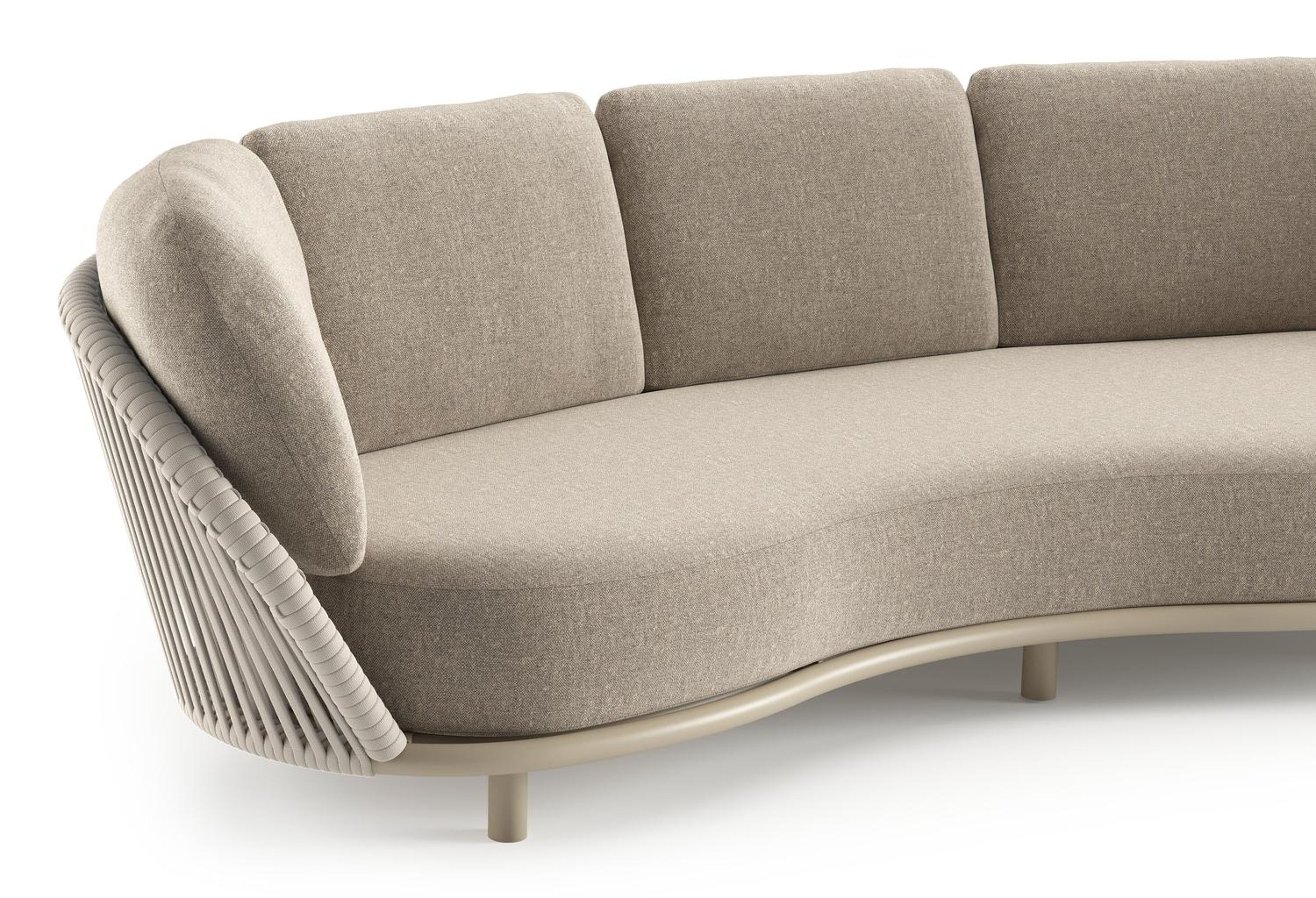 Canapé de jardin Lupino en aluminium beige et corde large plate de luxe tissée verticalement beige et coussins en all weather sunbrella® luxe chartres pewter