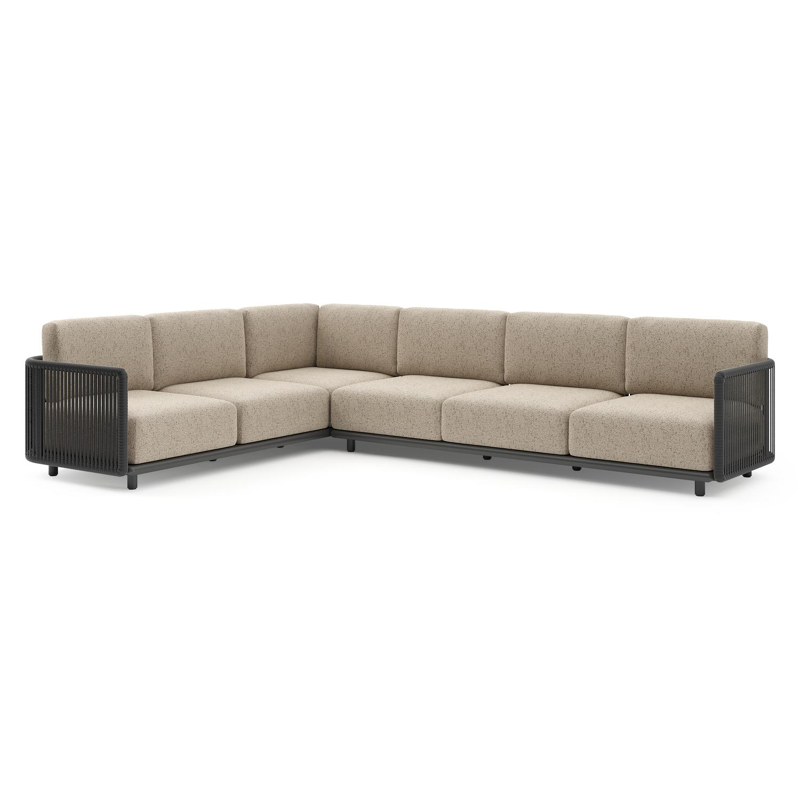 Organo loungehoek in zwart aluminium en zwart verticaal geweven luxe vlakke rope met bora jungle all weather Cosytica kussen