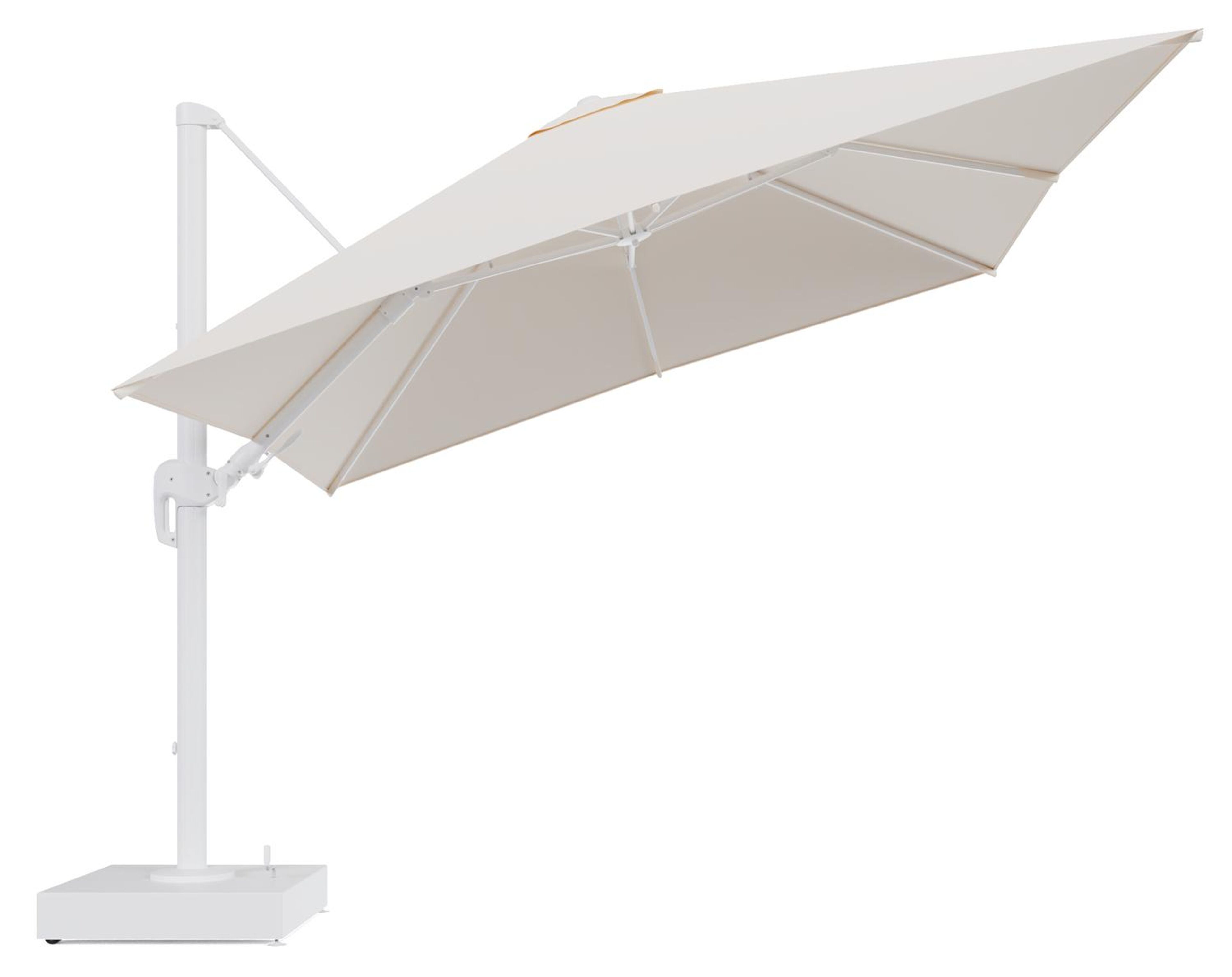 Rufina zweefparasol met tiltfunctie in wit aluminium en Natte Linen Chalk All Weather Sunbrella® Luxe parasoldoek - L1 300 x L2 300 cm met parasolvoet Minore 150 kg met wielen