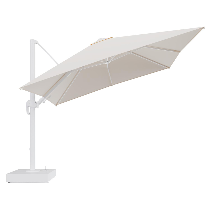 Rufina zweefparasol met tiltfunctie in wit aluminium en Natte Linen Chalk All Weather Sunbrella® Luxe parasoldoek - L1 300 x L2 300 cm met parasolvoet Minore 150 kg met wielen