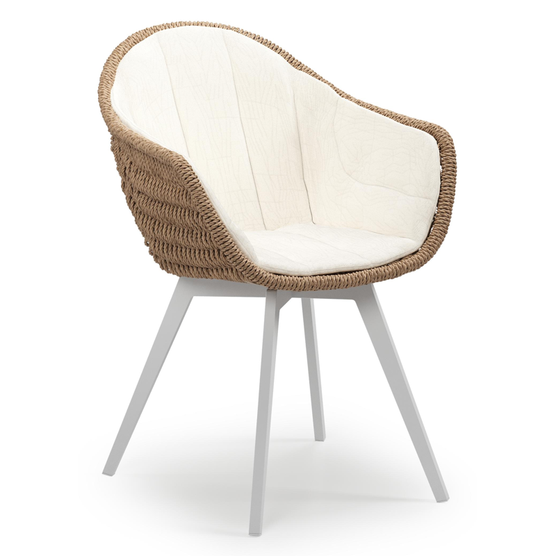 Pagino tuinstoel in wit aluminium en naturel ronde wicker met zitkussen in All Weather Sunbrella® Luxe Natte White