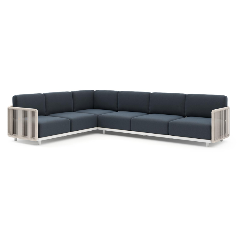 Organo loungehoek in wit aluminium en beige verticaal geweven luxe vlakke rope met heritage indigo all weather Sunbrella® luxe kussen