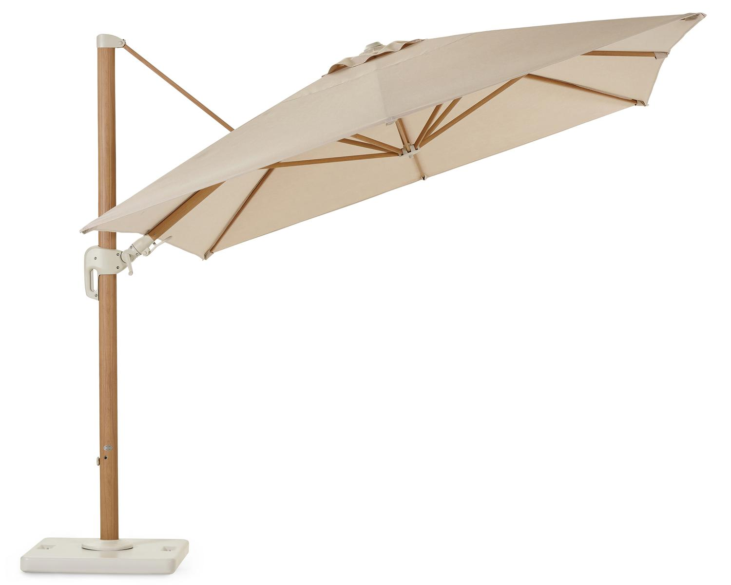 Rufina zweefparasol met tiltfunctie in houtlook met beige all weather sunbrella® premium parasoldoek - L1 300 x L2 400 cm (met voet)