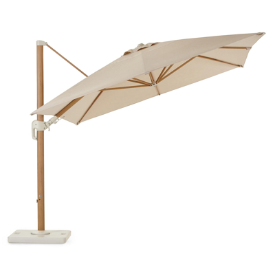 Rufina zweefparasol met tiltfunctie in houtlook met beige all weather sunbrella® premium parasoldoek - L1 300 x L2 400 cm (met voet)
