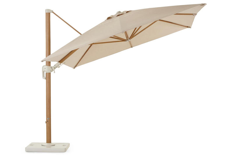 Parasol pendant Rufina avec fonction tilt en aspect de bois avec toile de parasol en all weather sunbrella® premium beige - Lg.1 300 x Lg.2 300 cm (avec pied de parasol)
