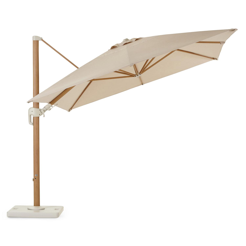 Rufina zweefparasol met tiltfunctie in houtlook met beige all weather sunbrella® premium parasoldoek - L1 300 x L2 400 cm (met voet)