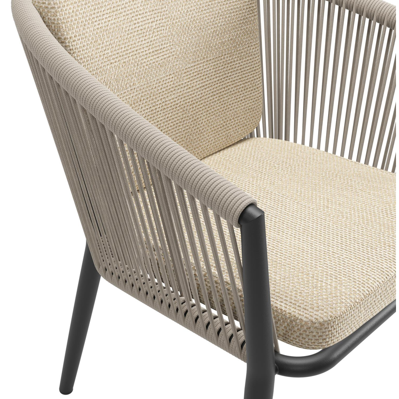 Orso tuinstoel in zwart aluminium en beige verticaal geweven ronde rope met zitkussen in All Weather Cosytica Althea Camel