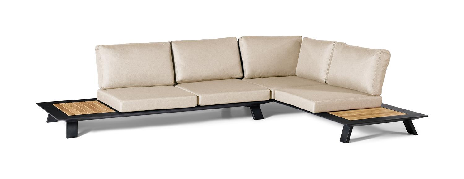 Cesano loungehoek in zwart aluminium en teak met beige weather+  softtouch kussens