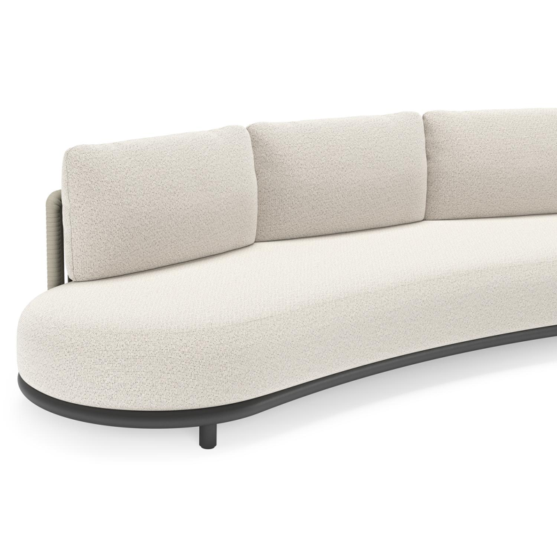 Canapé de jardin Lomano en aluminium noir et corde luxe plate tissée verticalement beige et coussins en all weather solica Firenze Natural