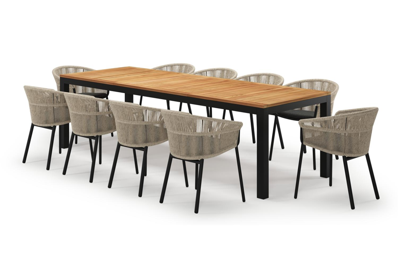 Varese rechthoekige tuinset in zwart aluminium en teak colour finish met 10 Matera tuinstoelen