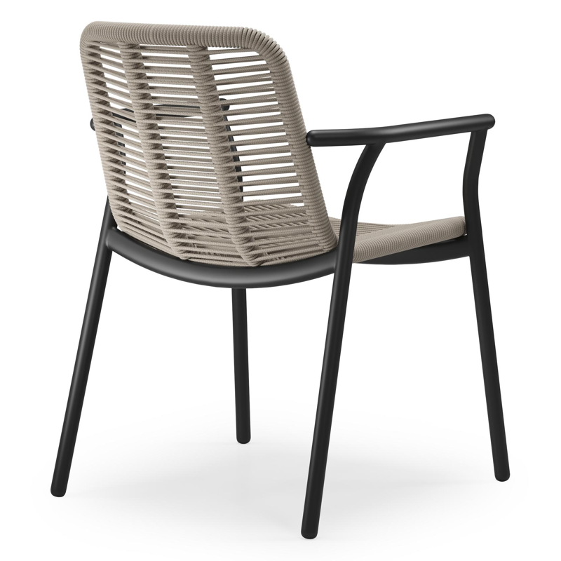 Reza tuinset in zwart aluminium en notte minerale sintered stone met 8 stapelbare Berga tuinstoelen