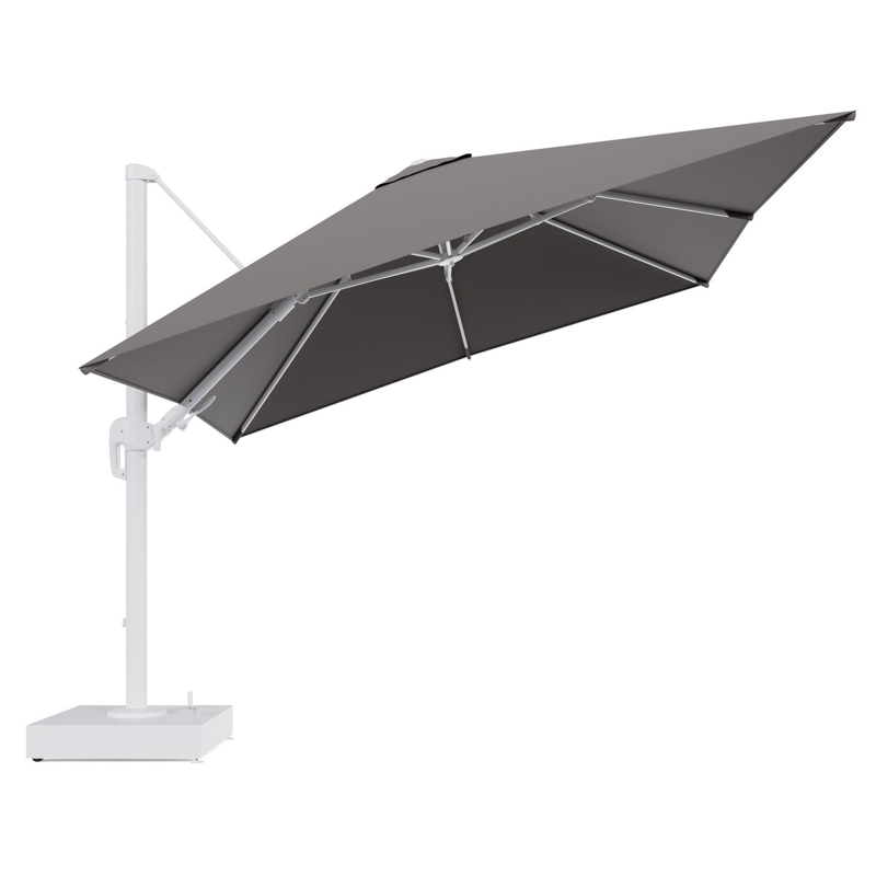 Rufina zweefparasol met tiltfunctie in wit aluminium en Natte Nature Grey All Weather Sunbrella® Luxe parasoldoek - L1 300 x L2 300 cm met parasolvoet Minore 150 kg met wielen