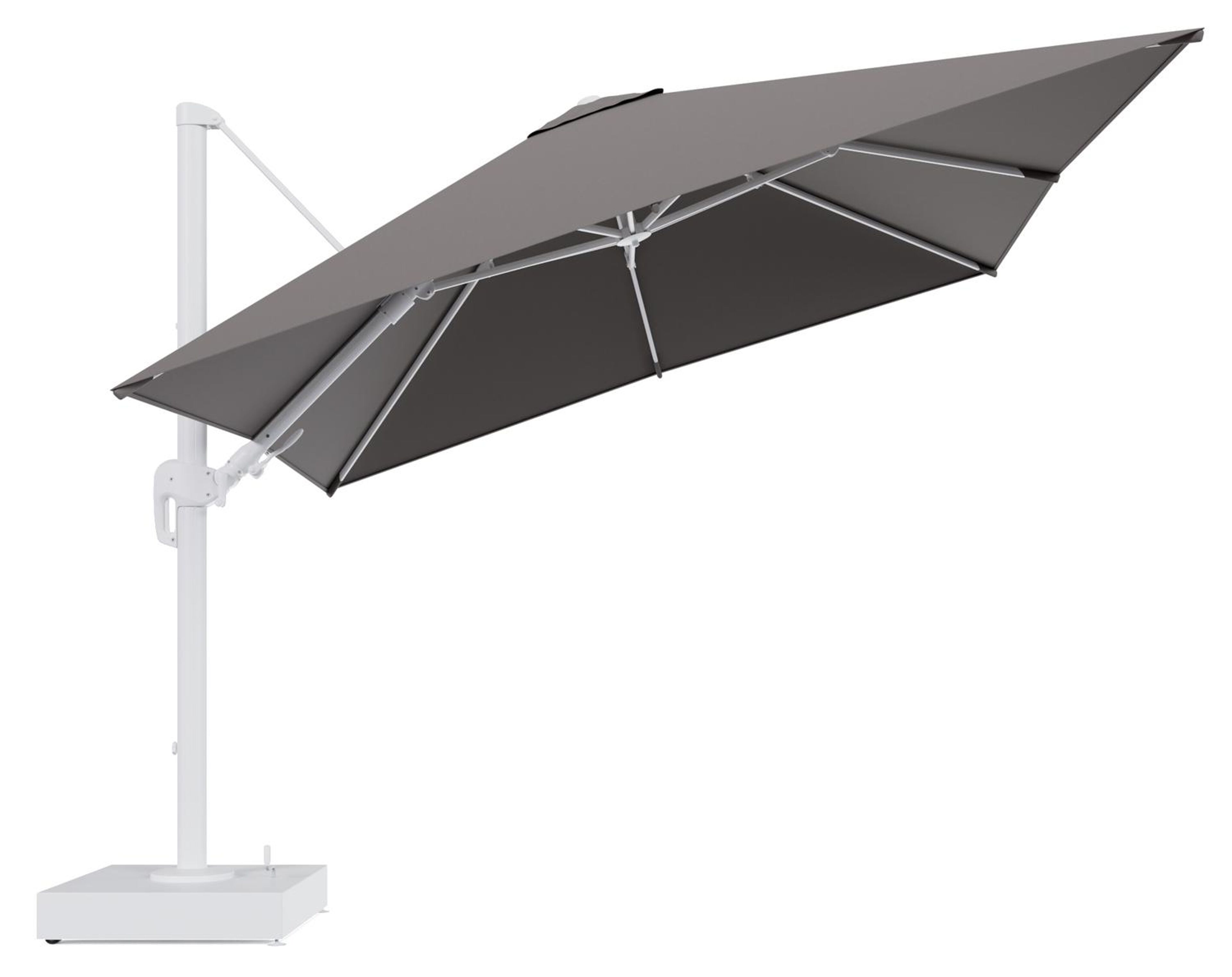 Rufina zweefparasol met tiltfunctie in wit aluminium en Natte Nature Grey All Weather Sunbrella® Luxe parasoldoek - L1 300 x L2 300 cm met parasolvoet Minore 150 kg met wielen