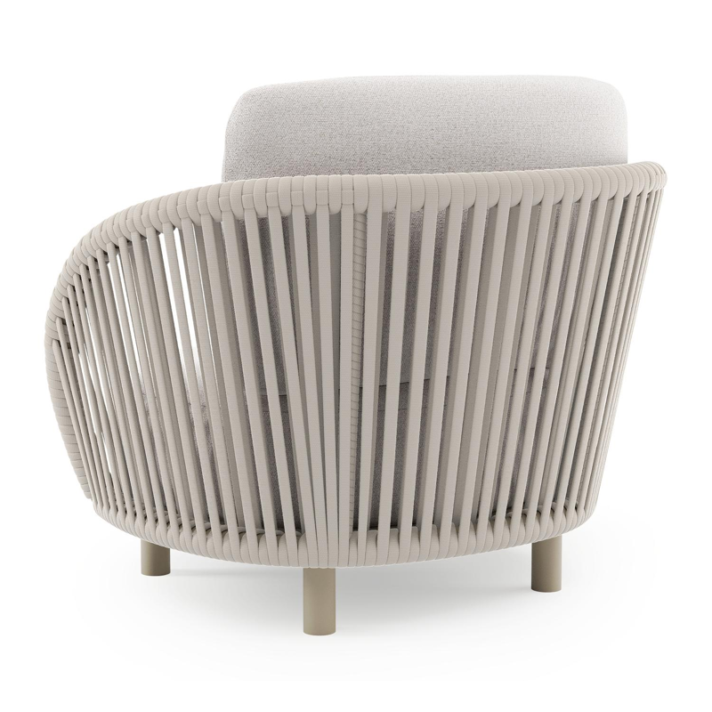 Lupino loungestoel in beige aluminium en beige verticaal geweven luxe vlakke brede rope met ego eggshell all weather solica kussen