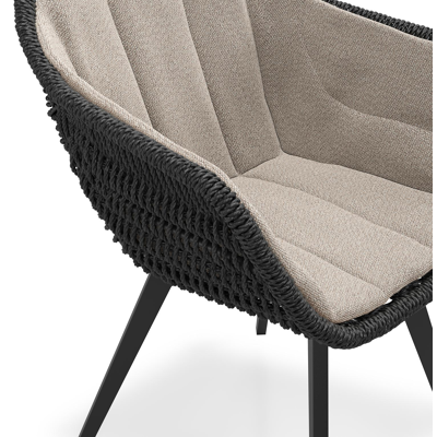 Pagino tuinstoel in zwart aluminium en zwart wicker met kussen in savane coconut all weather sunbrella® luxe